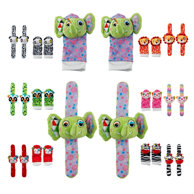 

Sozzy 4Pcs Baby Rattle Toy Wrist Strap Socks Animal Cute Cartoon Garden Bug Plush Rattle with Ring Bell