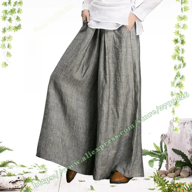 

2019 Spring and summer Female large Plus size 5XL 6XL Retro Vintage Casual Gray Cotton Linen Wide Pants / trousers for women