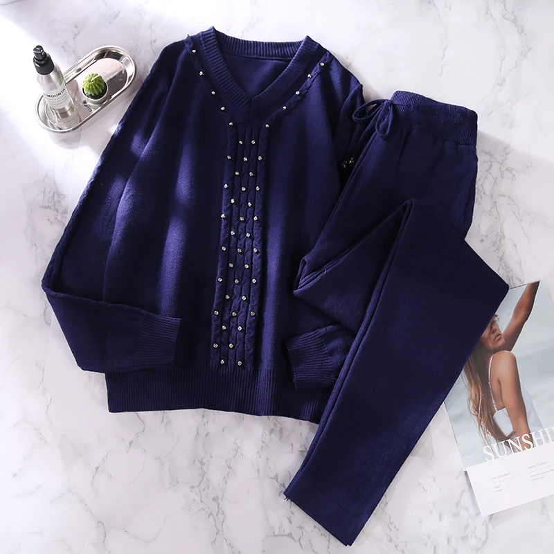 ALPHALMODA New Winter Women Knitted Diamond Sweater Pants Suit Tidy V-collar Twisted Crystal Jumper Trousers Tracksuits
