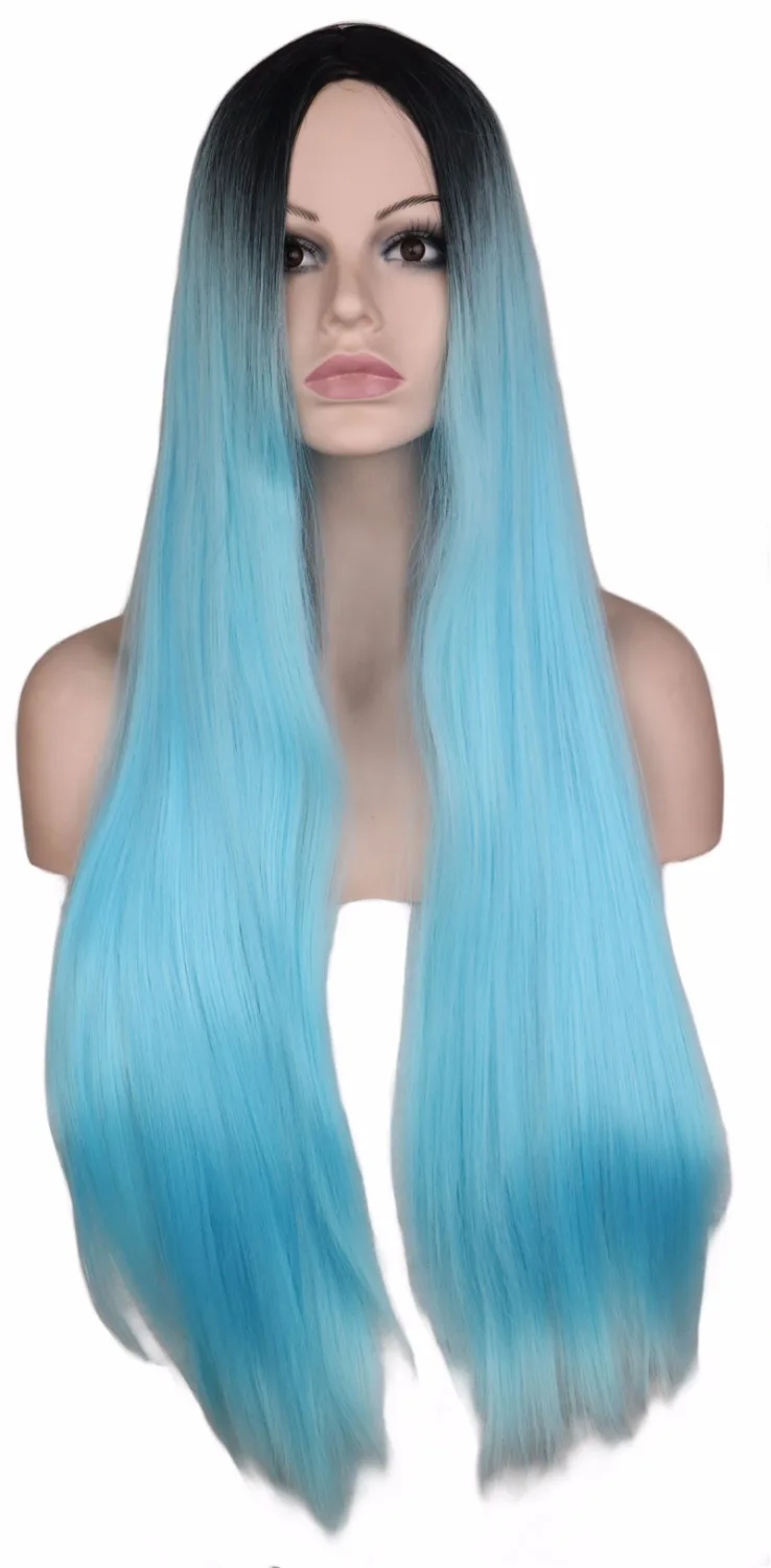 

QQXCAIW Long Straight Wig For Women Party Black To Light Blue Natural Synthetic Hair Wigs