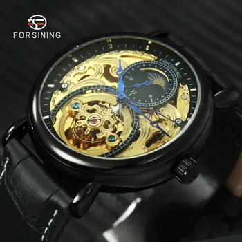 

Luxury Golden Skeleton Watches Carved Mechanical Watch Men Genuine Leather Strap Sun Moon Display Fashion Automatic Wristwatch