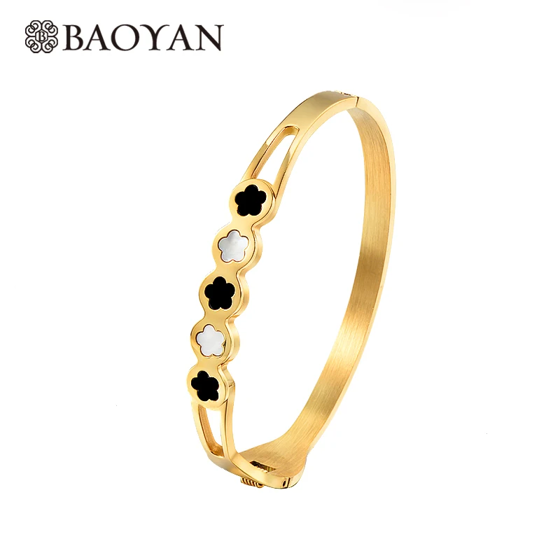

Baoyan Classic Plum Flower Shell Bezel Setting Bangles For Women Gold Hollow Out Stainless Steel Bracelets & Bangles Femme