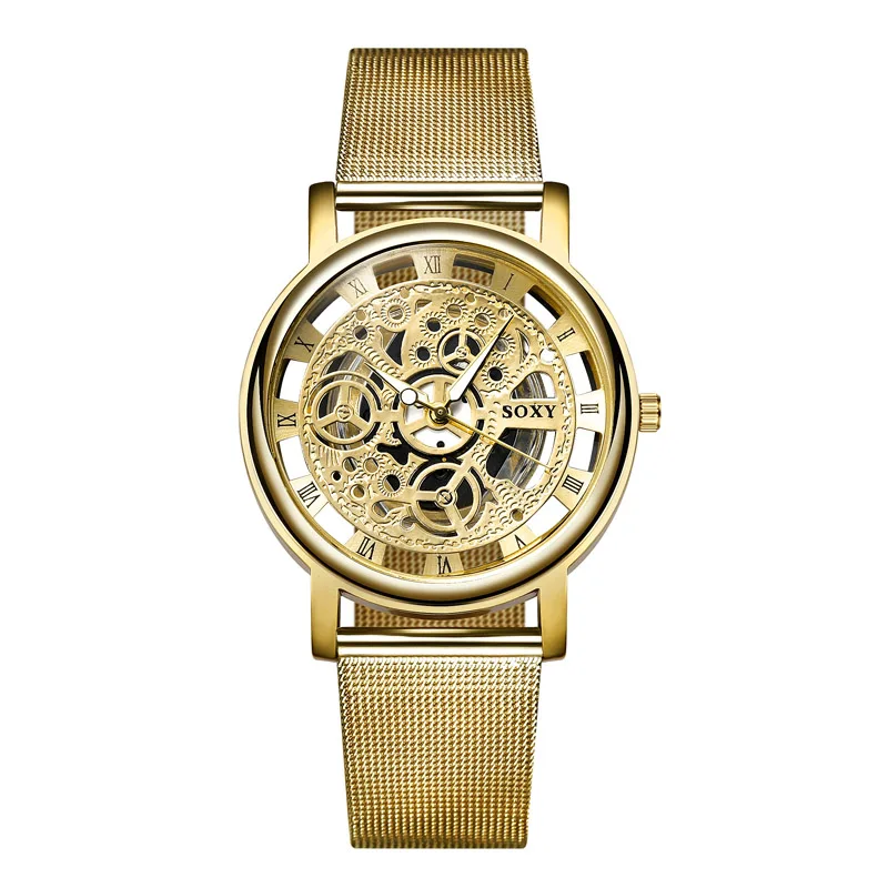 SOXY наручные часы для мужчин с сетчатым ремешком женские кварцевые часы унисекс модные дизайнерские полые часы relogio feminino montre femme - Цвет: Золотой