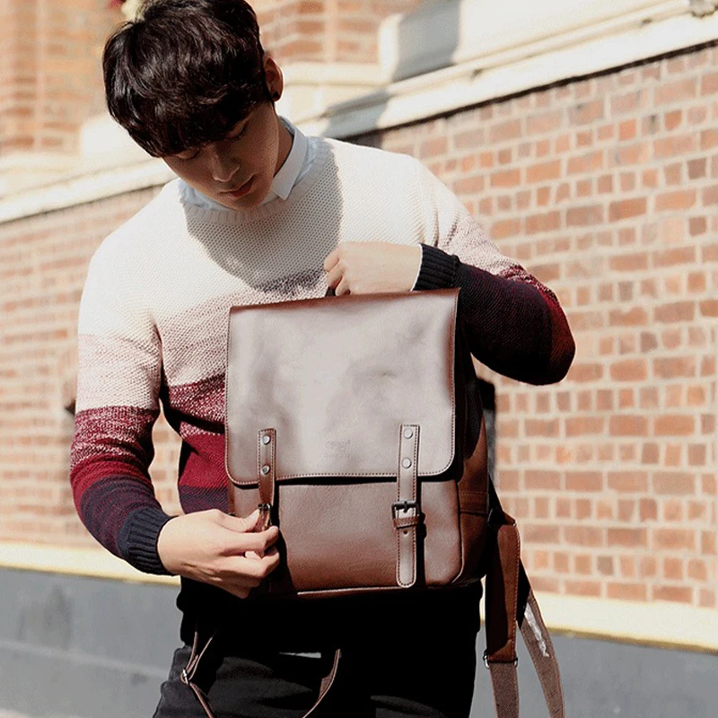 Mochila de cuero de marca de tres cajas para hombres, Mochila escolar, Mochila de moda para ordenador portátil, mochilas de viaje Vintage para Colegio, Mochila masculina