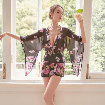 

Women Perspective Chiffon Printing Kimono Pajamas Sexy Lingerie Nightgown Perspective Home Service Three-Piece Set Sleepwear