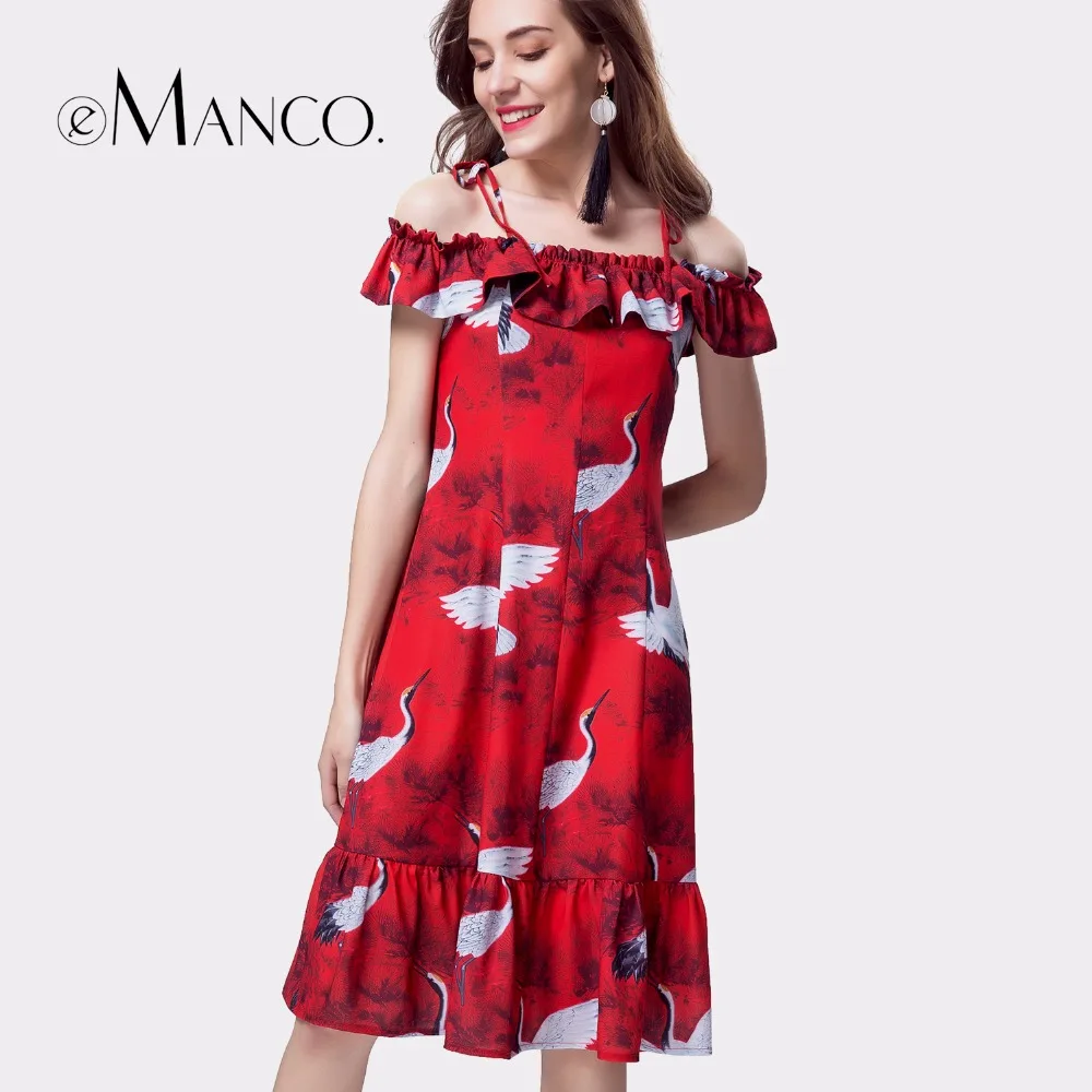 e-Manco Ruffle Floral Casual Off shoulder Red dress Fashion Printed Sleeveless Ruffles Keen-Length Sexy Spaghetti Strap Dress