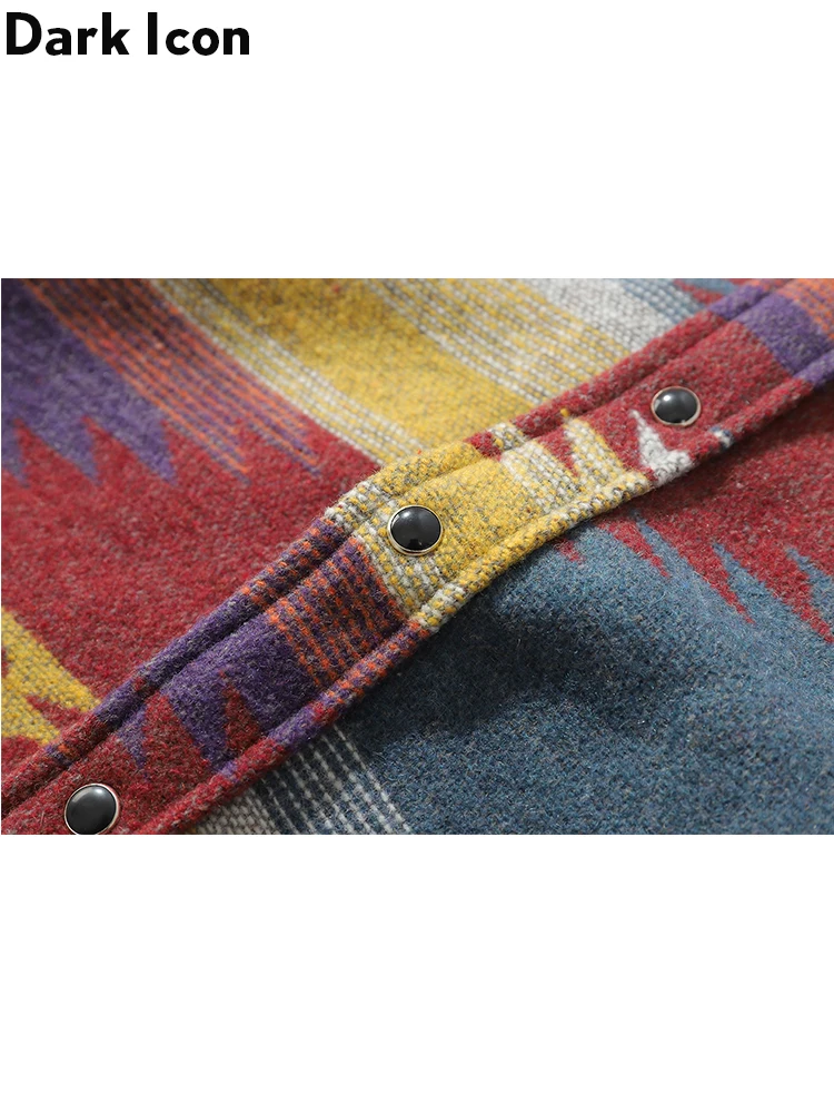 Dark Icon Turn-down Collar Geometric Woolen Shirt Men 2019 Spring Long Sleeved Shirts Men Thick Men's Shirts