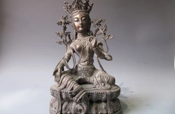 

14 Tibet Pure bronze Copper Green Tara Kwan-yin Goddess GuanYin Buddha Statue