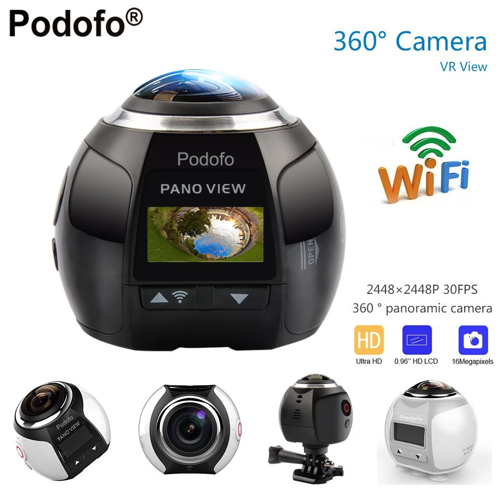 Beste Podofo 360 Camera HD Ultra Mini Panoramisch Camera WIFI 16MP 3D Sport Camera Rijden VR Action Camera Video Cam Waterdicht 30 m
