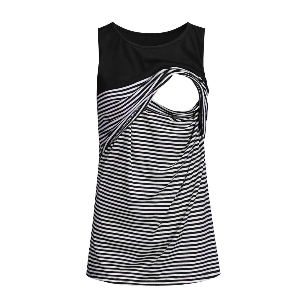 

Causal Women's Striped Sleeveless Maternity Loose Blouse Comfy Double Layer Pull-up Nursing Tank Tops Vest For Breastfeeding