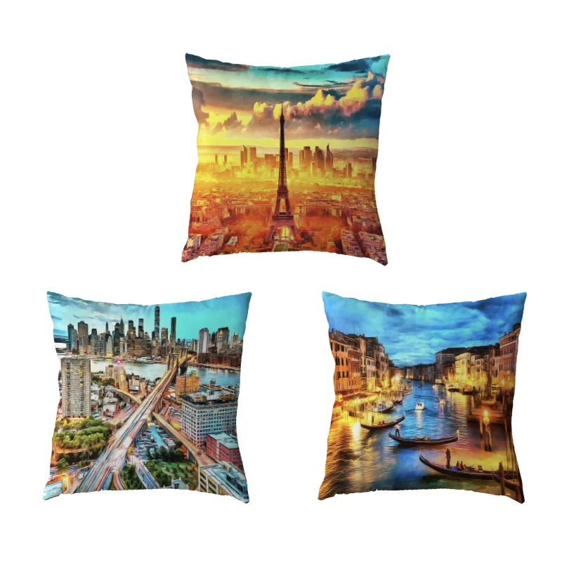 

American Country Peach Skin Cushion Cover Bohemian European Architectural Rainbow Cushion Cover Bustling City Lumbar Pillowcase