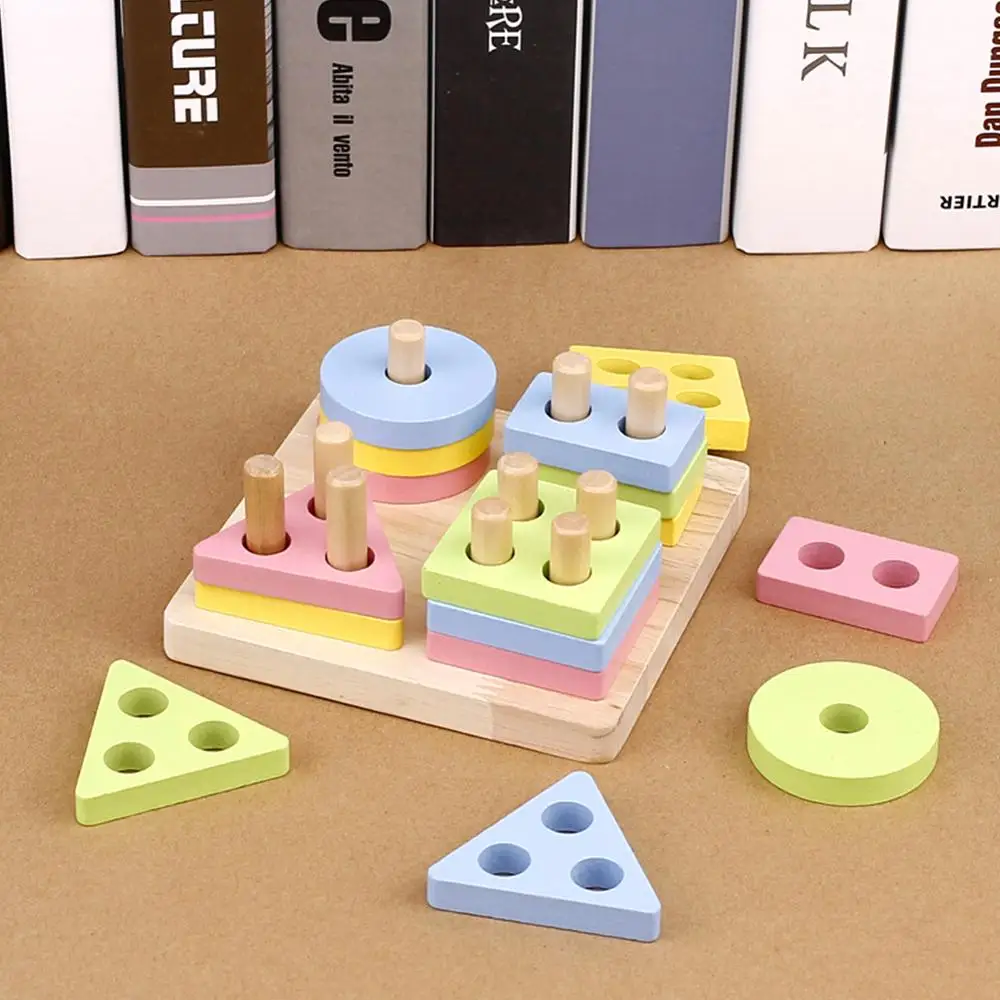 

Baby Kids Rainbow Wooden 4 Column Blocks Sets Educational Geometric Shape Matching Toys for Children Animal Stacking