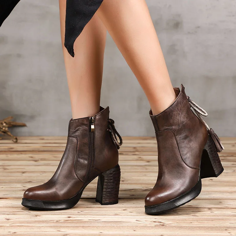 

Artdiya Retro Original 2018 Autumn and Winter New Retro High Heels Women Boots Cowhide Comfortable Leather Ankle Boots H87-115