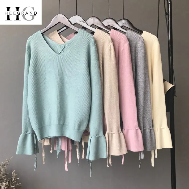 HEE GRAND 2018 Autumn Ladies Pink Sweaters Winter Lace-up V-neck Pullovers Knitted Flare Sleeve Jumper Gray Tops WZL1453 | Женская