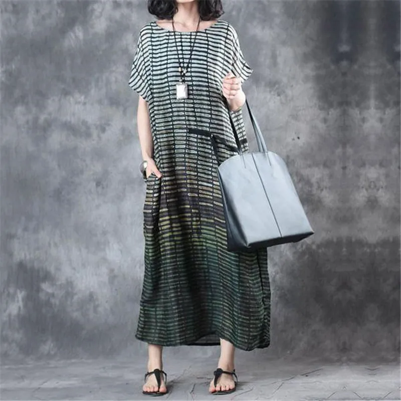 BUYKUD 2018 Summer Women Stripe Loose Casual Green Long Dress Round Neck Short Sleeve Vintage Maxi Dresses With Pockets Dresses