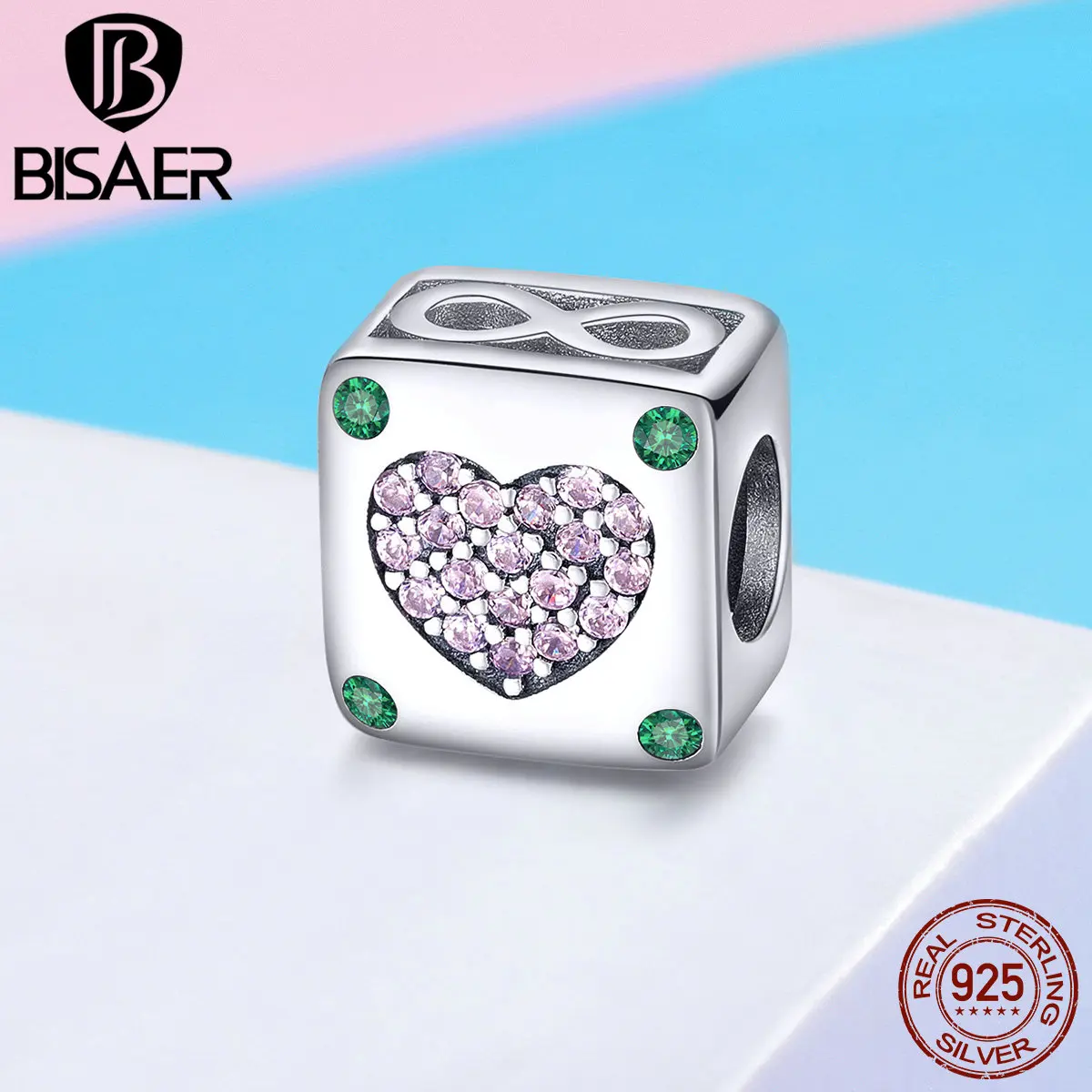 

BISAER Beads 925 Sterling Silver Square Heart and Infinity Love Charm for Women Jewelry Making Charm Bracelet Necklace HSC900