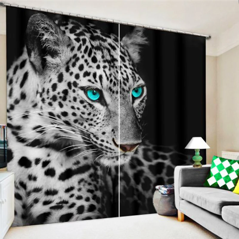 New Cafe Office 3D Blackout Curtains Silver Snow Leopard Animals