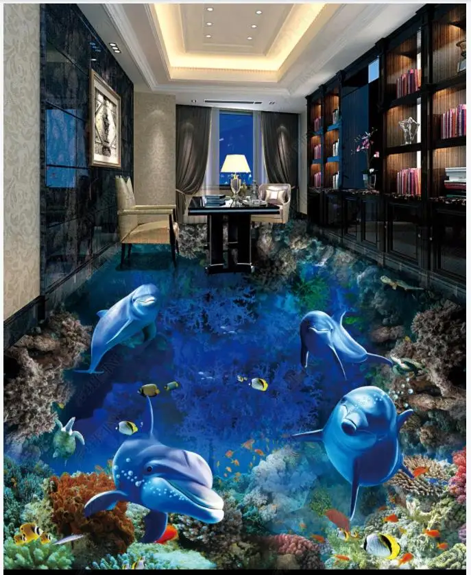 

Custom photo wallpaper 3d Flooring painting wallpaper Beautiful underwater world dolphin murals 3D floor painting wall stickers
