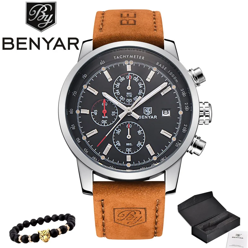 Silver black and box BENYAR спортивные мужские часы лучший бренд класса люкс мужские кожаные водонепроницаемые кварцевые наручные часы с хронографом мужские военные часы - Цвет: Silver black and box
