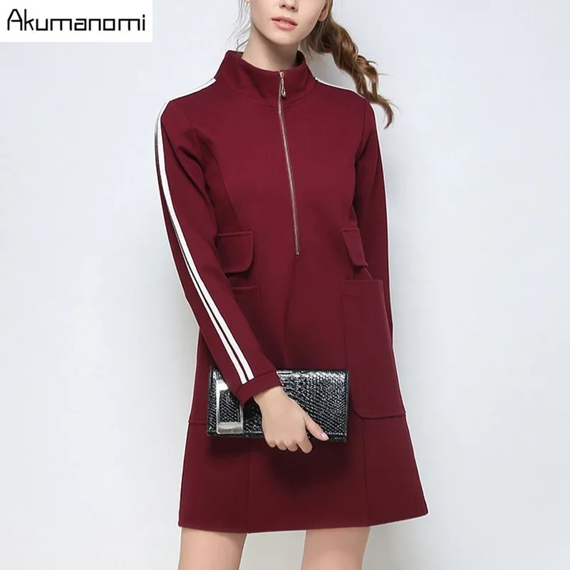 

Dress Solid Wine Red Black Stand Collar Full Sleeve Pocket Women's Clothing Autumn Winter Dress Plus Size 5XL 4XL 3XL 2XL XL L M