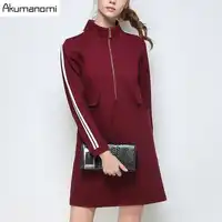 Dress Solid Wine Red Black Stand Collar Full Sleeve Pocket Women's Clothing Autumn Winter Dress Plus Size 5XL 4XL 3XL 2XL XL L M