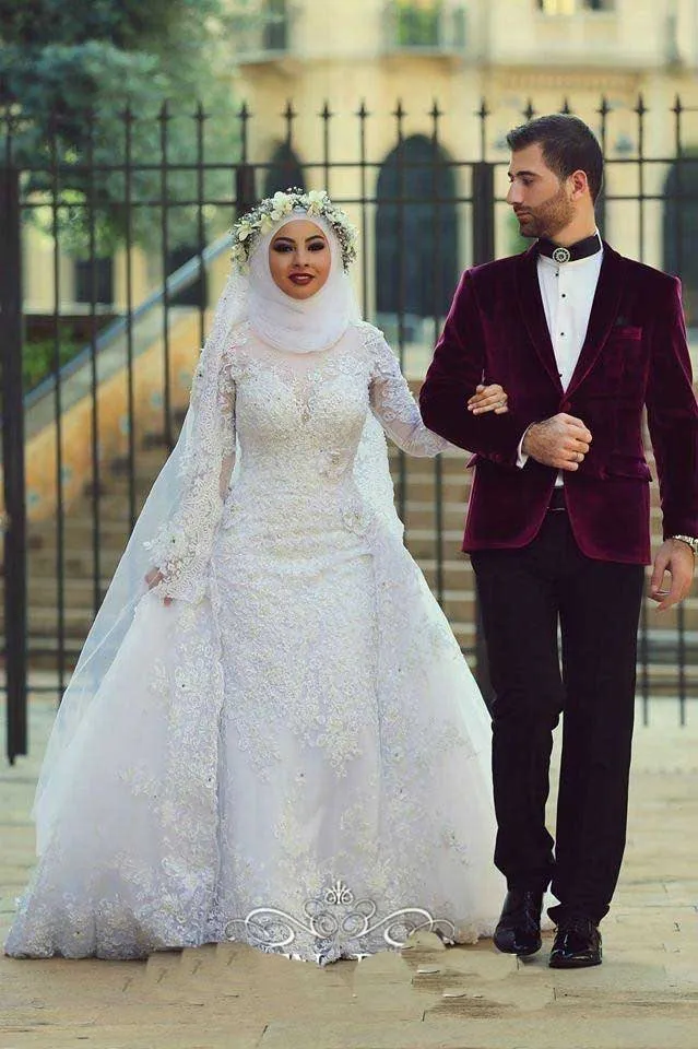 Long Sleeves White Ball Gown Wedding Dress font b Hijab b font High Neck White Debutante