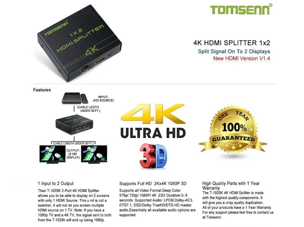 HDMI сплиттер 1X2 Full HD 3D видео сплит 1 в 2 выход усилитель двойной дисплей для HDTV DVD PS3