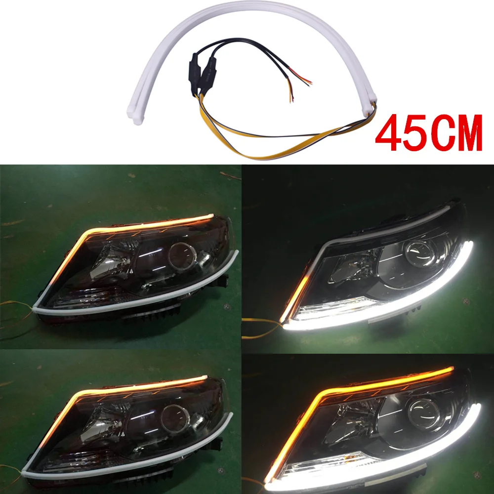 

2Pcs 45cm Turn Signal Light Universial Daytime Running Light Flexible Soft Tube Guide Car LED Strip White and Yellow Flowing