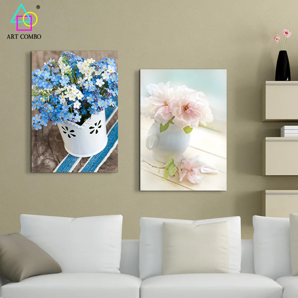 Modern Paintings On Canvas Blue And Pink Flower In Vase Wall Art Picture Home Decor For Living