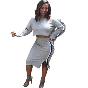 

Autumn Winter Casual Two Piece Sets Women Side Striped Pullover Crop Top + Midi Skirt Ruffles Skirt and Top Matching Set Outfits