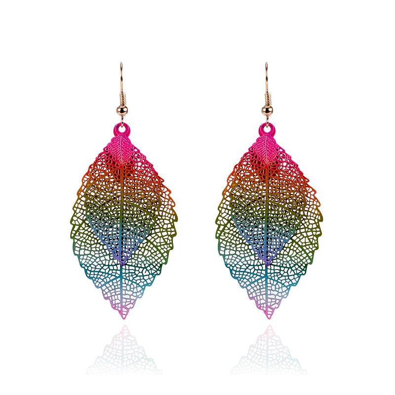 

2018 Fashion Women Gold Colorful Leaf Earrings Orecchini Long Dangle Drop Earing Pendientes Mujer Moda Para Las Mujeres Brincos