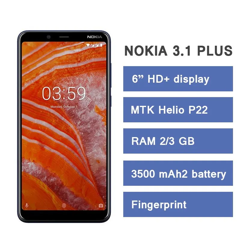 Смартфон NOKIA 3,1 Plus, 6,0 дюйма, HD+ Helio P22, четыре ядра, 3 ГБ+ 32 ГБ, два слота для sim-карты, 3500 мАч, Android 8,1, 4G, мобильный телефон