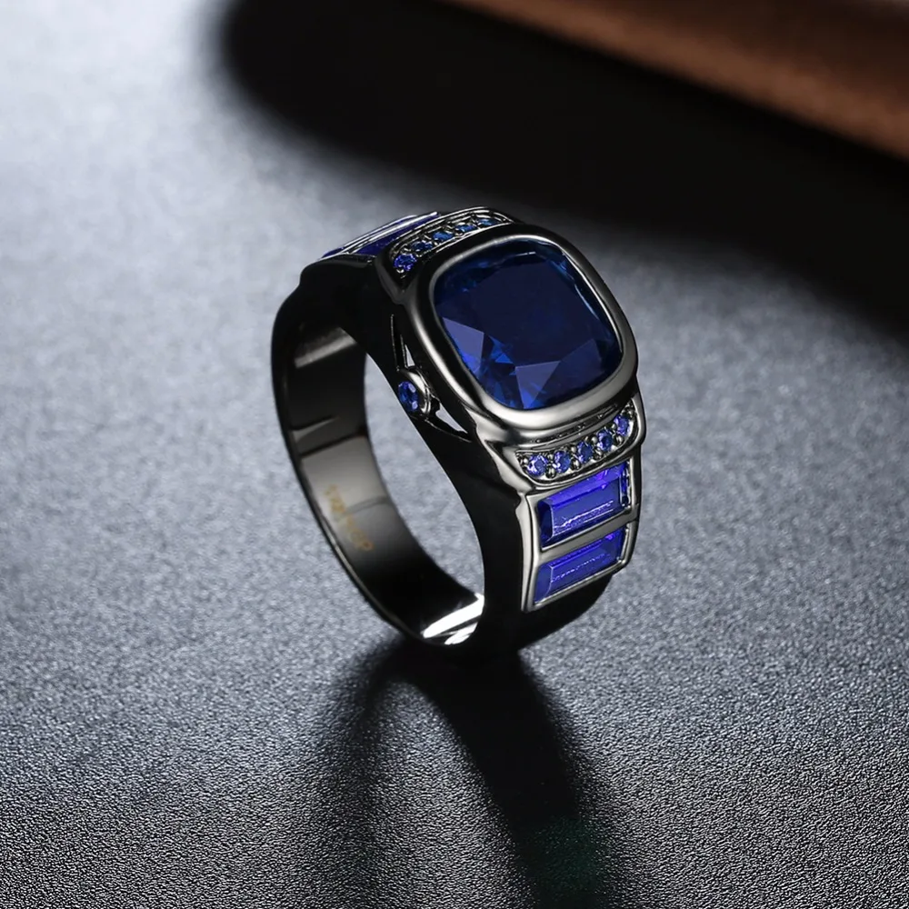 Luxurious Blue Square Cubic Zirconia Party Ring Accessorise Black Gun Color Rings For Womens Fashion Jewelry (JewelOra RI103311)