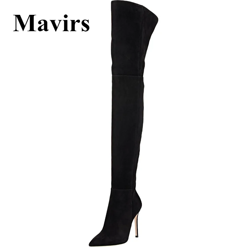 

Mavirs Brand Black Over the Knee Boots 2018 Winter Pointed Toe 10CM High Heels Thigh-High Stretch Suede Stilettos Shoes US 5-15
