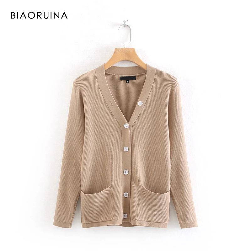 BIAORUINA Women's Khaki Solid Minimalist Knitted Cardigans Female Elegant Single Breasted V-neck Sweater Pockets 2019 Autumn |