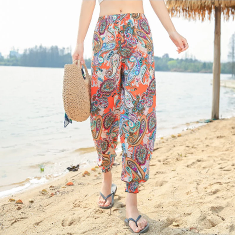 

Loose Print Vintage Casual Pants Woman Fashion Elastic Waist Summer Pants Female Plus Size Bohemian Trousers Ladies Beach Pants