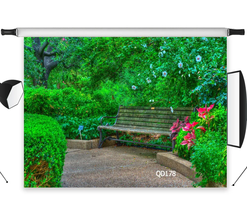 Seamless Spring Green Park Bench Floral Washable No Crease Polyester Backdrop Background Photography Studio Props Photographic |