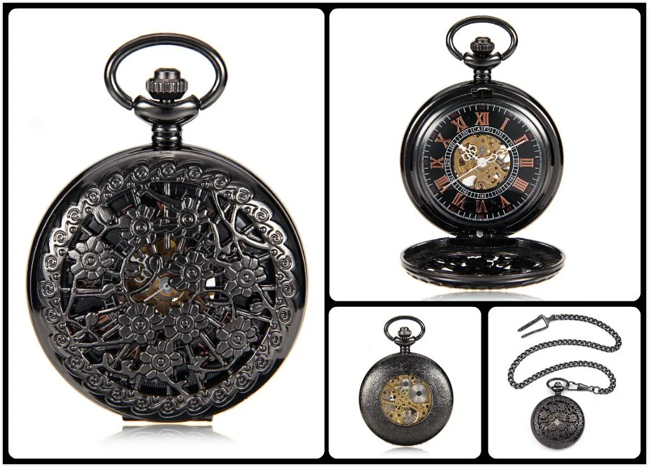 Стимпанк Скелет Мужские часы прозрачные механические черные посмотрите на дешевое лицо Ретро Ver Винтаж кулон подарочные карманные часы