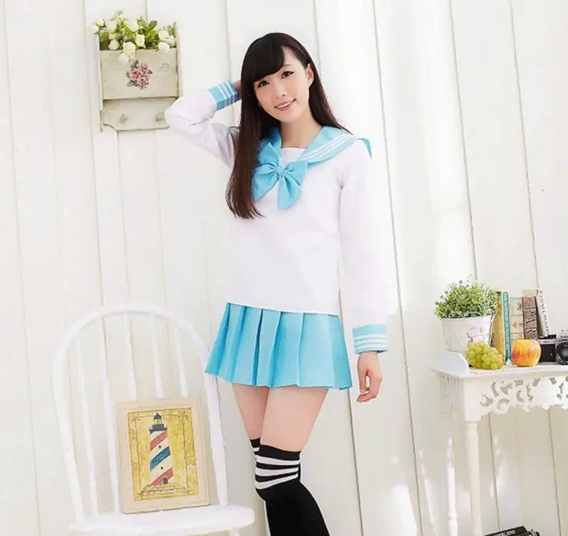 Korean Version Cosplay Costume Sailor Collar School Uniform Set With Bowknot Super Stretch  Girls Cotton Pleated Skirt 6