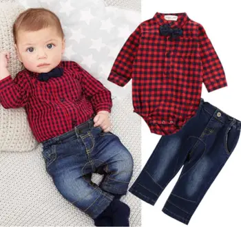 

Fashion New Spring&Autumn Baby Boy Clothing Set Gentlement Plaid Shirt + Jeans boy Tracksuit set Gentleman suit set
