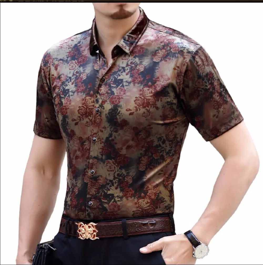 S 4XL HOT Men's Summer New Silk Short Sleeve Shirt Casual Gold Velvet ...
