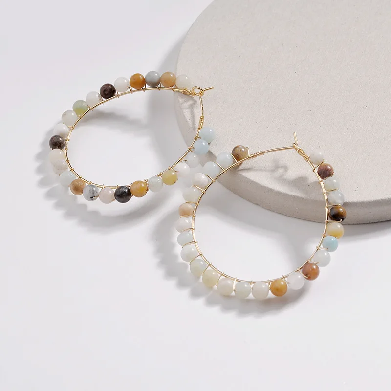 

ZWPON 2018 Gold Convolve Natural Amazon Stone Hoop Earrings New Arrival Statement Earrings Fashion Jewelry Wholesale
