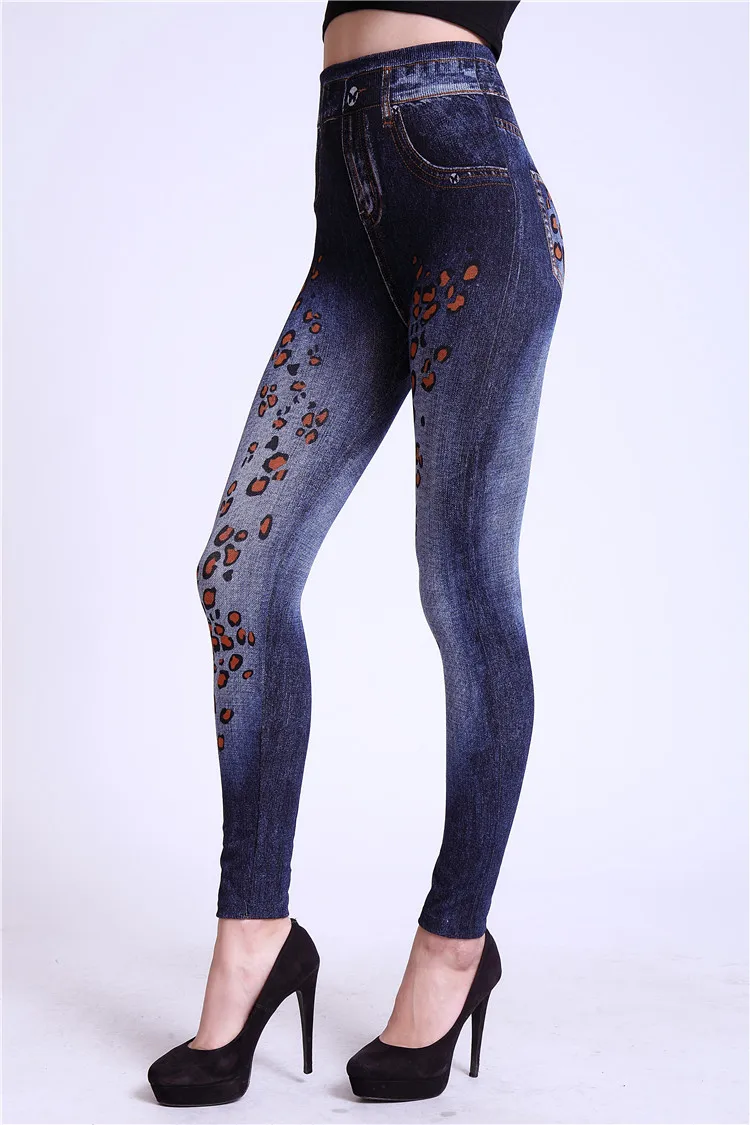 Fashion Slim Women Spring Summer Leggings Faux Denim Jeans Leggings Long Floral Printing Casual Pencil Pants Thin Fleece Inside white leggings