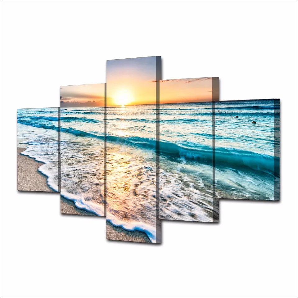 Canvas Painting Wall Art Frame Home Decor Pictures 5 Pieces Seascape Sunset Beach Sea Wave Poster Living Room HD Printed 