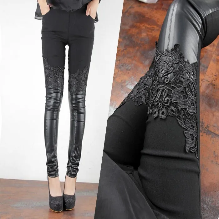 Women Lace Skinny Leather Pants Women Autumn Winter Leggings Fashion Slim Trousers Women Lace Skinny Leather Pants Women Autumn Winter Leggings Fashion Slim Trousers
