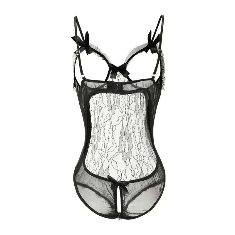 

Women Lingerie Bodysuit Lace One Piece Mesh Open Cup Crotchless Body Suit Teddies Sexy Cupless Black Ladies Exotic Apparel 15