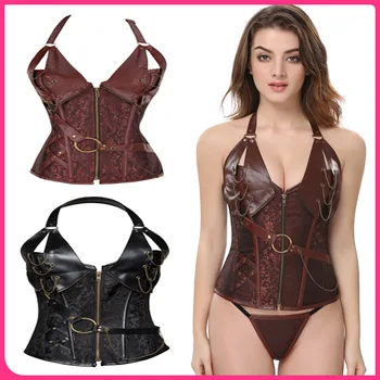 

Retro Metal Chain Women Corset Gothic Faux Leather Straps Halter Bustier Sexy Lace Up Back Zipper Corset Black Brown Plus Size