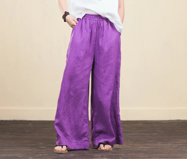 LZJN Women Culottes Wide Leg Pants 2019 Summer Long Trousers Elastic Waist Pockets Solid 5 Colors 100% Linen Pants Loose Bottoms (44)