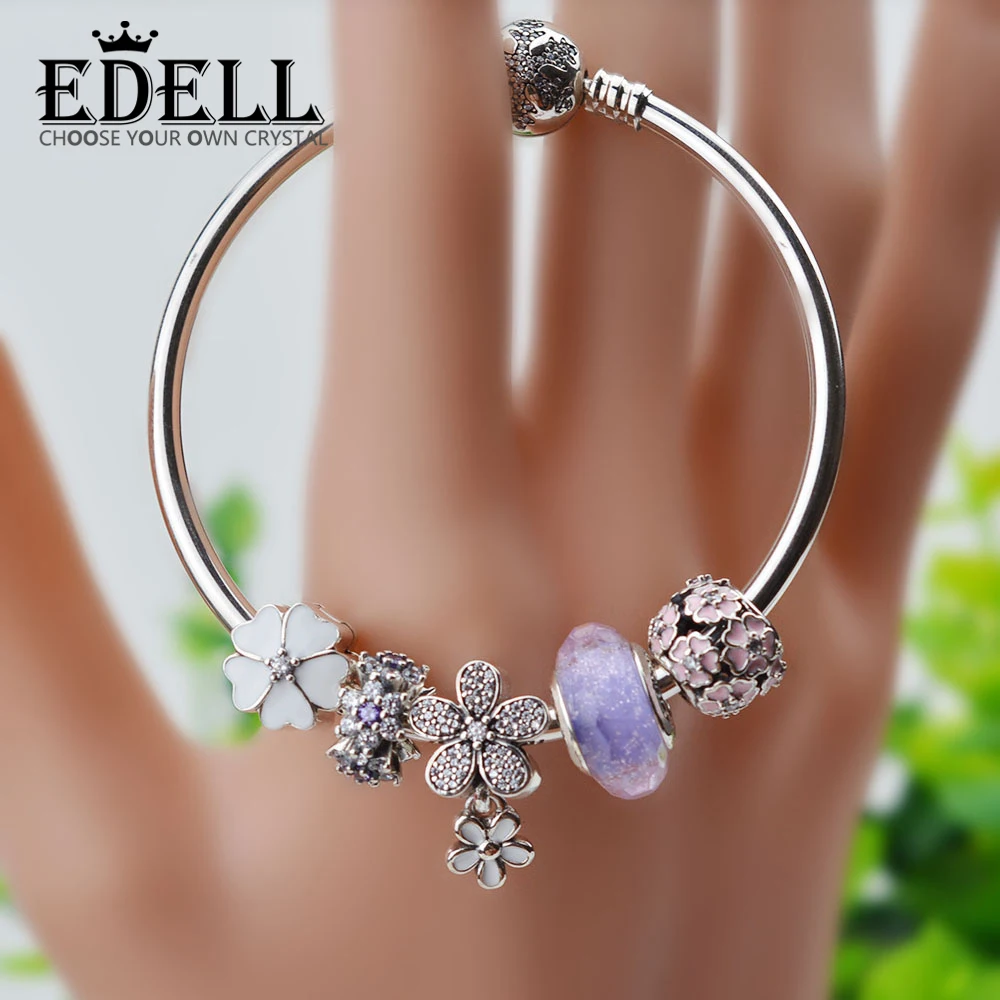

EDELL Luxury 925 Sterling Silver Charm Bracelet Ladies & Flowers and Crystal Heart Bead Bracelet Wedding Valentine's Day Jewelry