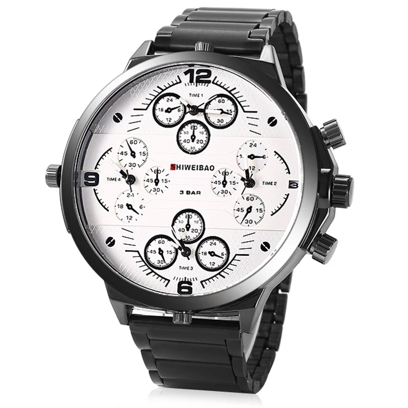 cool big case quartz watch for men four time zones steel bracelt wristwatches (4)